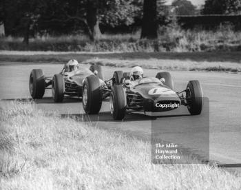 Alan Rees, Roy Winkelmann Brabham BT16 Cosworth leads the works Brabham BT16 of Denny Hulme, Oulton Park Gold Cup, 1965
