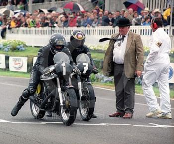 Damon Hill and Barry Sheene on Manx Nortons leave the grid for the Lennox Cup race, Goodwood Revival, 1999
